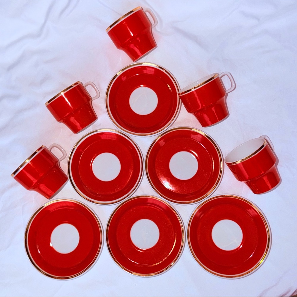 Vintage Porcelain Red Gold Hollohaza Hungary Coffee Set MCM Collectible Pottery